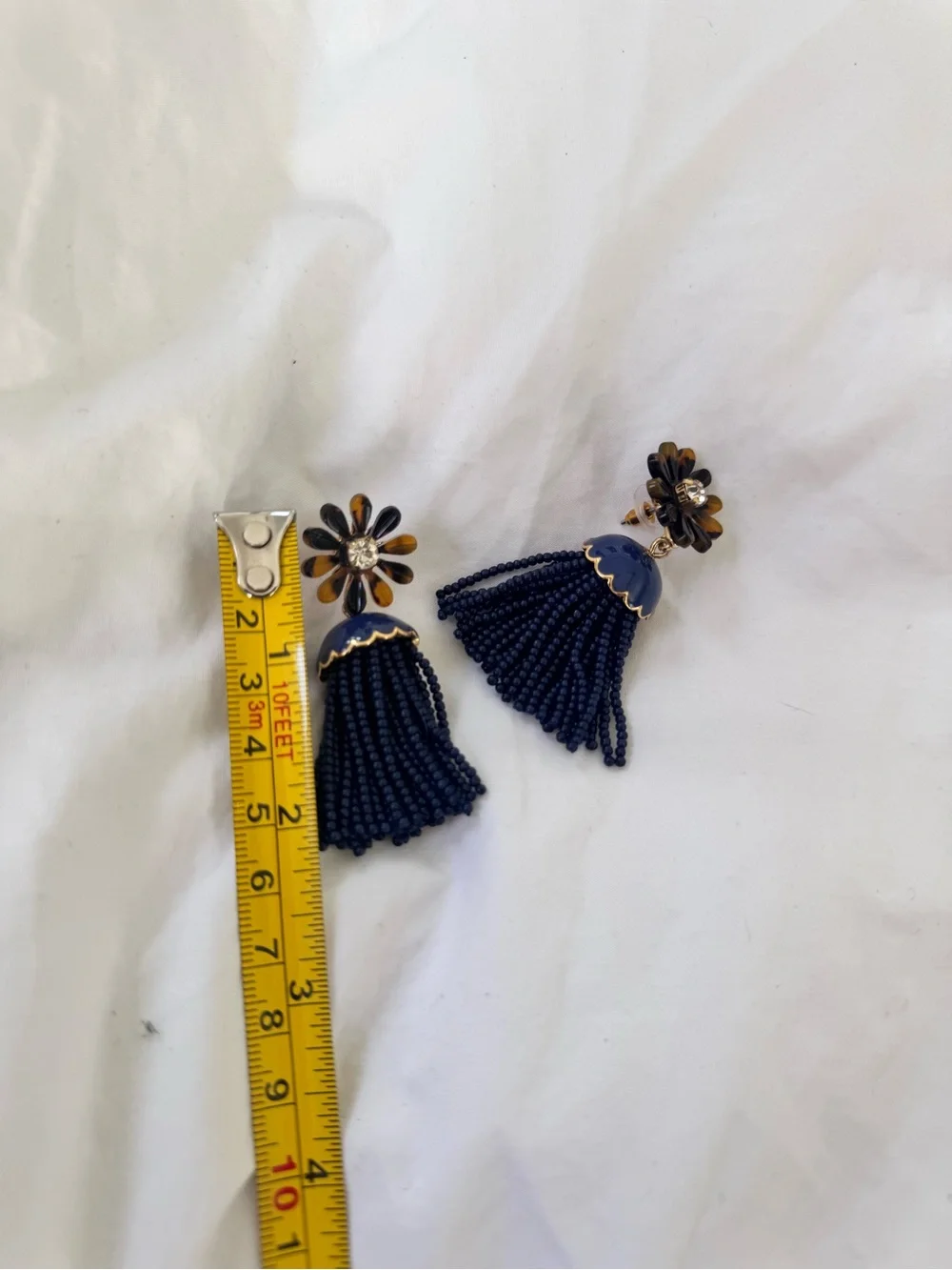 J Crew blue beaded tassel Tortoise Shell flower earrings $65 retail